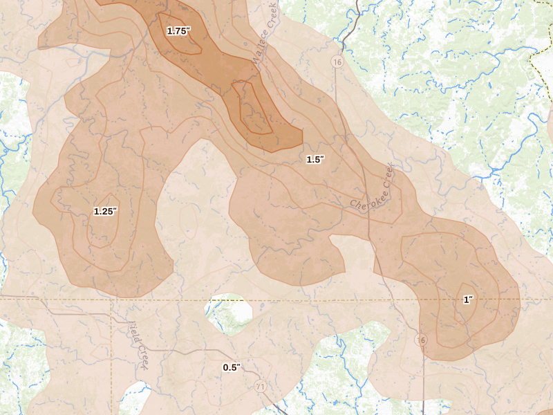 Radar-estimated hail-size map of the storm over Cherokee, TX on May 10, 2026