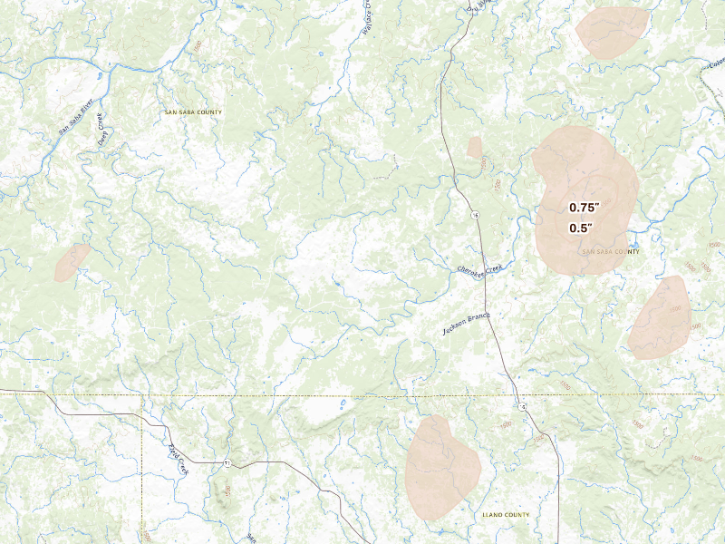Radar-estimated hail-size map of the storm over Cherokee, TX