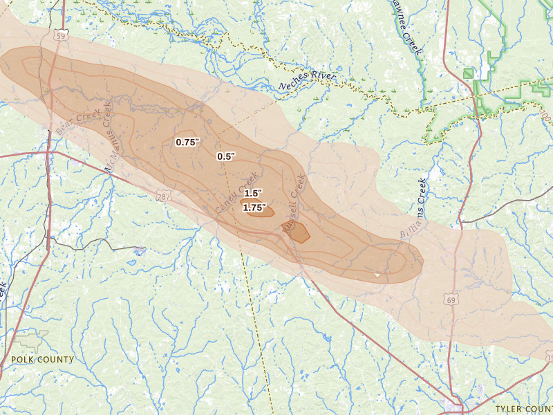 Radar-estimated hail-size map of the storm over Chester, TX on Mar 15, 2026
