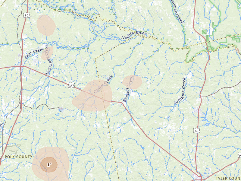 Radar-estimated hail-size map of the storm over Chester, TX on May 10, 2026