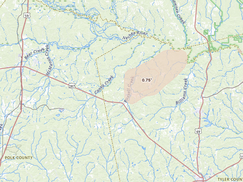 Radar-estimated hail-size map of the storm over Chester, TX on Jun 19, 2026