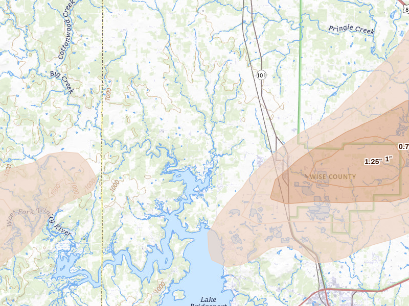 Radar-estimated hail-size map of the storm over Chico, TX on Mar 4, 2026