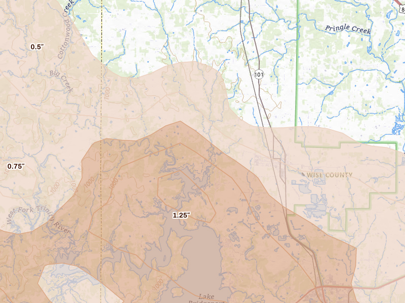 Radar-estimated hail-size map of the storm over Chico, TX on Apr 28, 2026