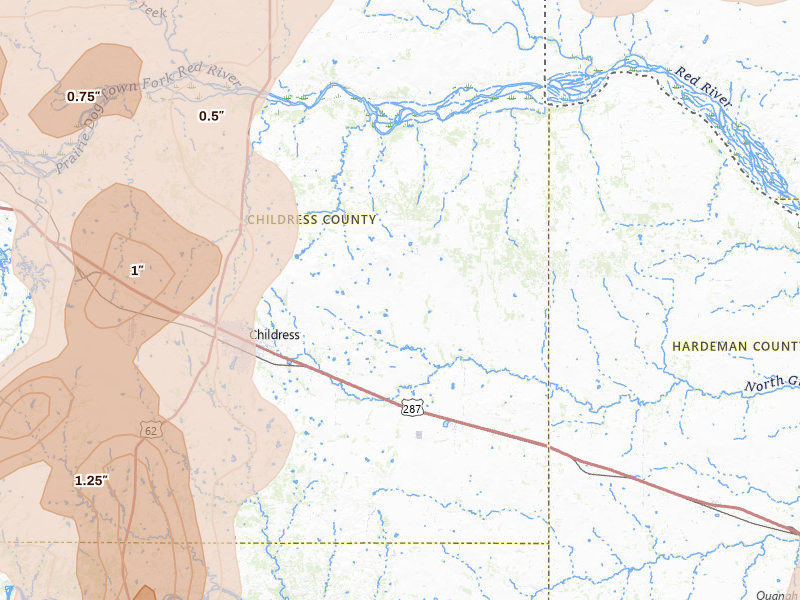Radar-estimated hail-size map of the storm over Childress, TX on Mar 31, 2026