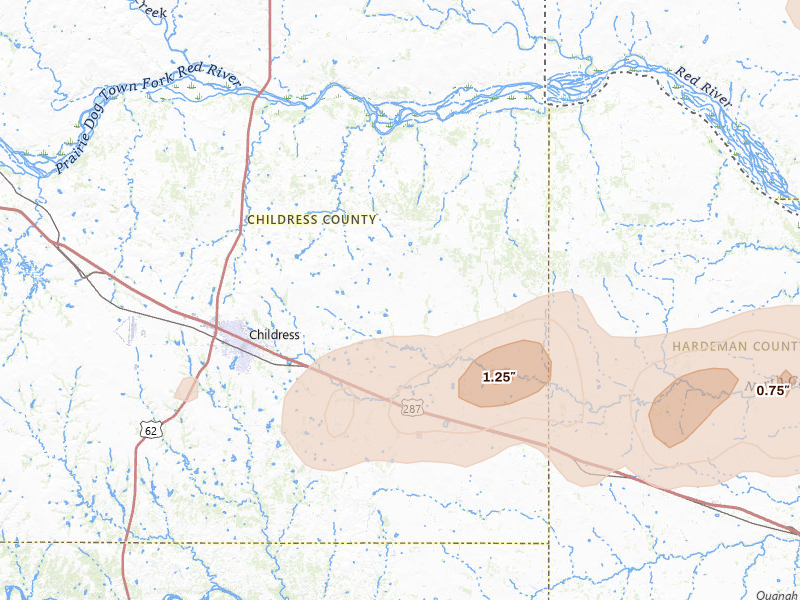 Radar-estimated hail-size map of the storm over Childress, TX on Apr 3, 2026