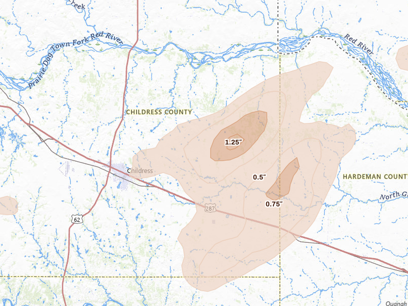 Radar-estimated hail-size map of the storm over Childress, TX on May 15, 2026