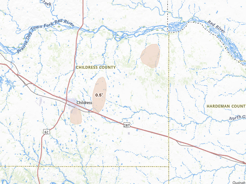 Radar-estimated hail-size map of the storm over Childress, TX on Jun 3, 2026