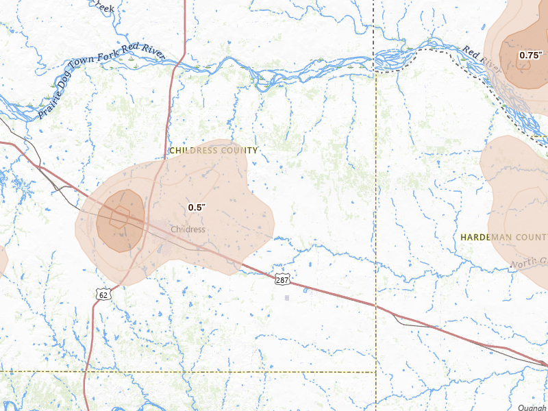 Radar-estimated hail-size map of the storm over Childress, TX on Jun 11, 2026