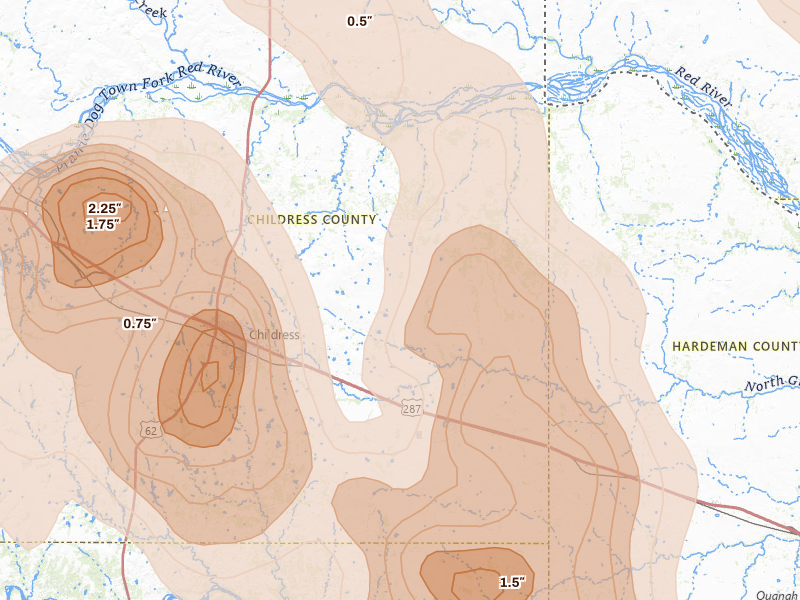 Radar-estimated hail-size map of the storm over Childress, TX on Jun 23, 2026