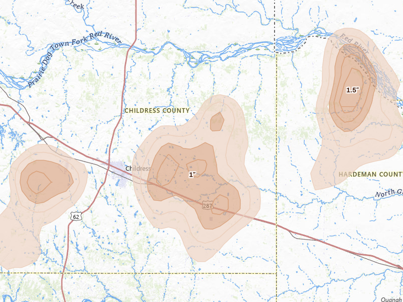 Radar-estimated hail-size map of the storm over Childress, TX on Jul 31, 2026
