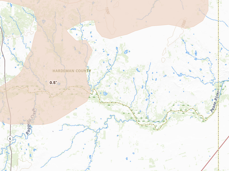 Radar-estimated hail-size map of the storm over Chillicothe, TX on Mar 31, 2026