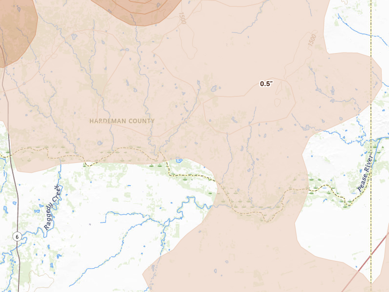 Radar-estimated hail-size map of the storm over Chillicothe, TX on Apr 1, 2026