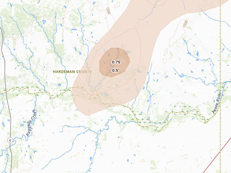 Radar-estimated hail-size map of the storm over Chillicothe, TX on May 8, 2026