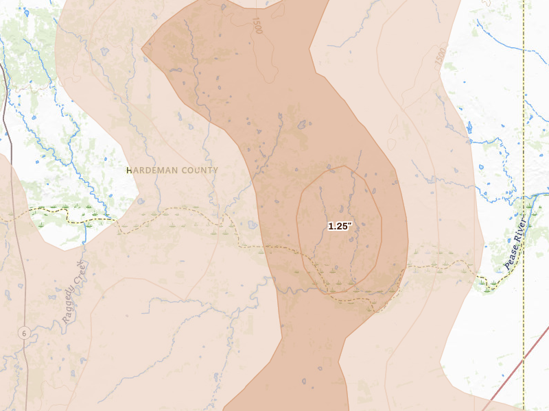 Radar-estimated hail-size map of the storm over Chillicothe, TX on Jun 23, 2026