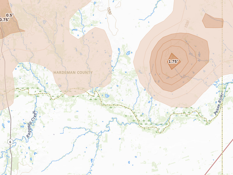 Radar-estimated hail-size map of the storm over Chillicothe, TX on Jul 5, 2026