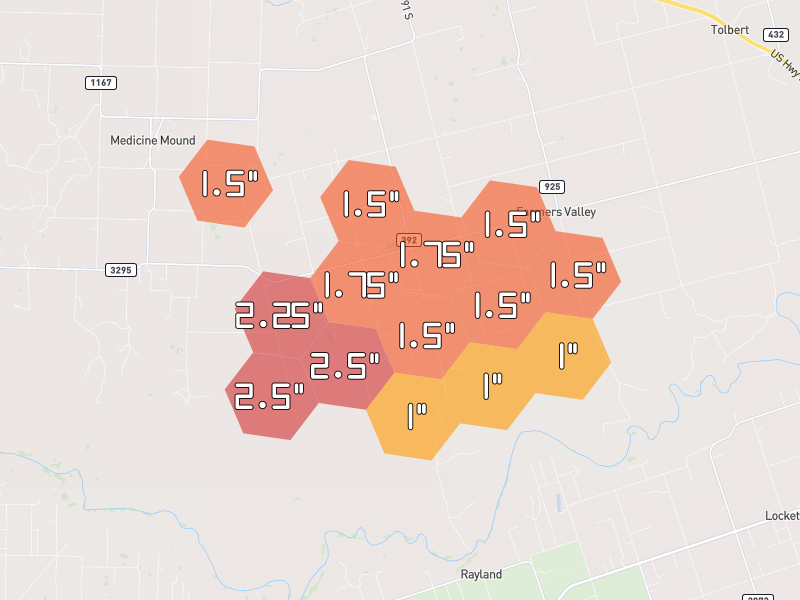 Hail map of Chillicothe, TX on Jul 5, 2026, hail up to 2.5"