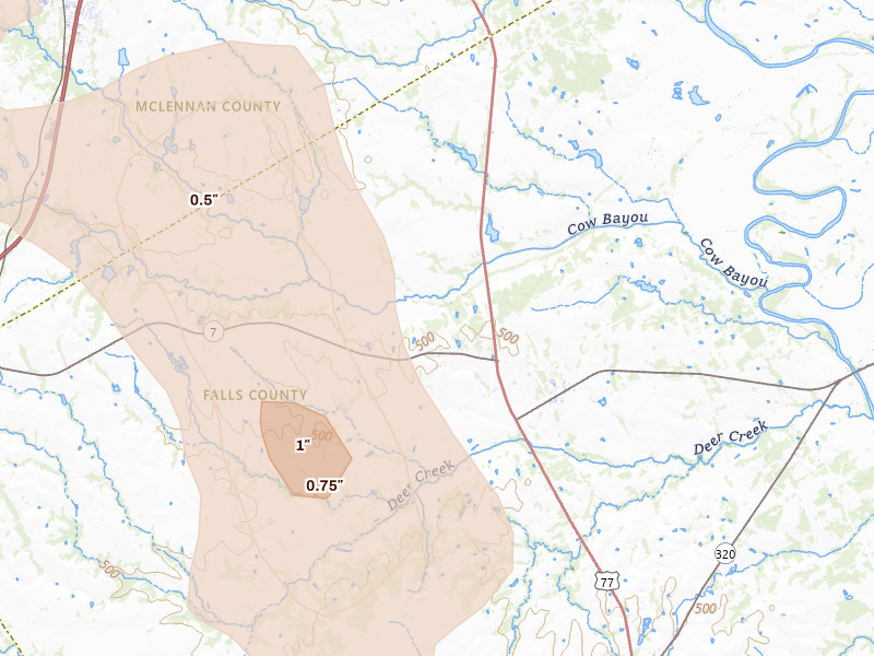 Radar-estimated hail-size map of the storm over Chilton, TX on May 10, 2026
