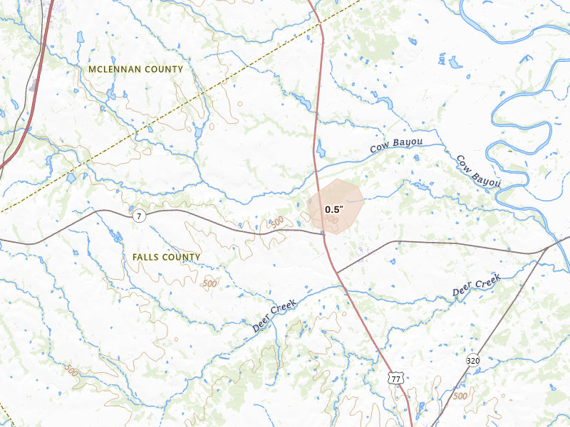Radar-estimated hail-size map of the storm over Chilton, TX on May 25, 2026