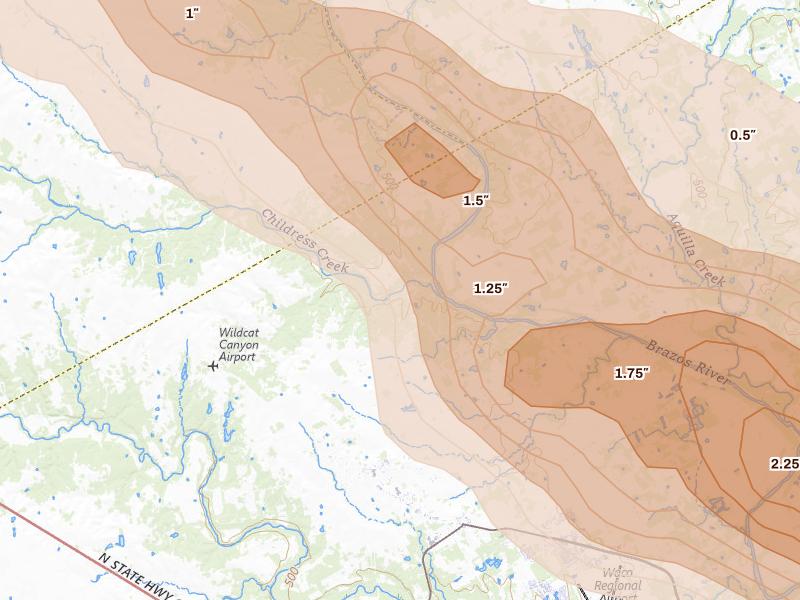Radar-estimated hail-size map of the storm over China Spring, TX on Apr 28, 2026