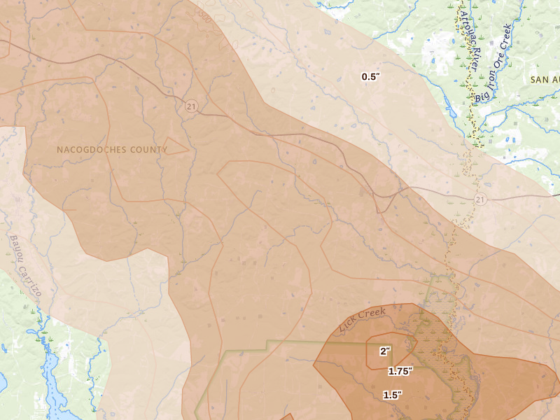Radar-estimated hail-size map of the storm over Chireno, TX on Mar 15, 2026