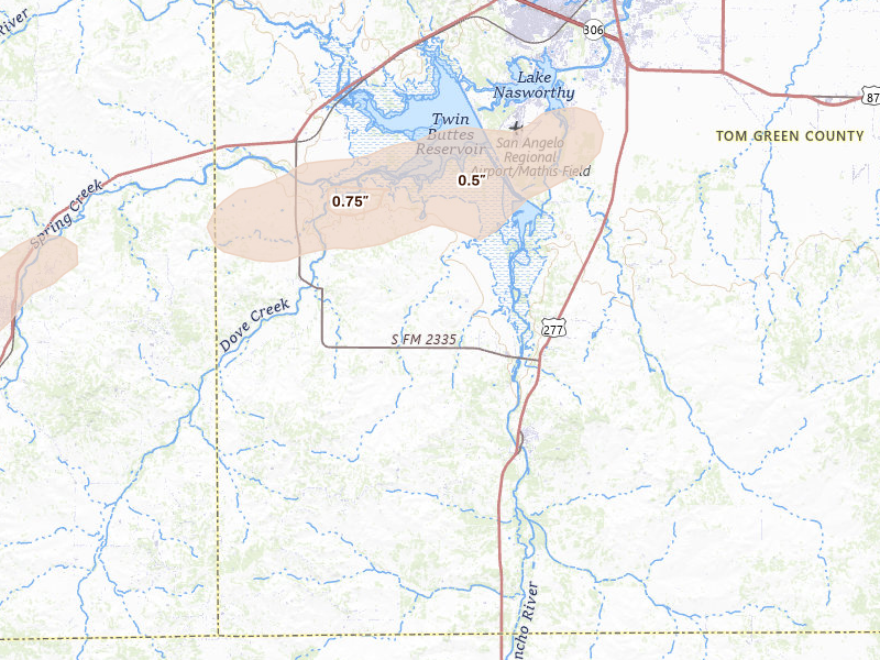Radar-estimated hail-size map of the storm over Christoval, TX on Apr 18, 2026