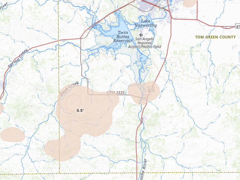 Radar-estimated hail-size map of the storm over Christoval, TX on May 10, 2026