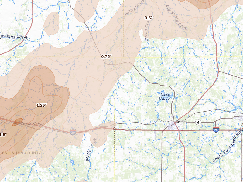 Radar-estimated hail-size map of the storm over Cisco, TX on Mar 10, 2026