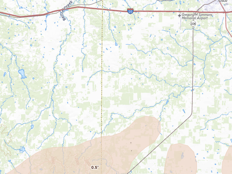 Radar-estimated hail-size map of the storm over Cisco, TX on Apr 18, 2026
