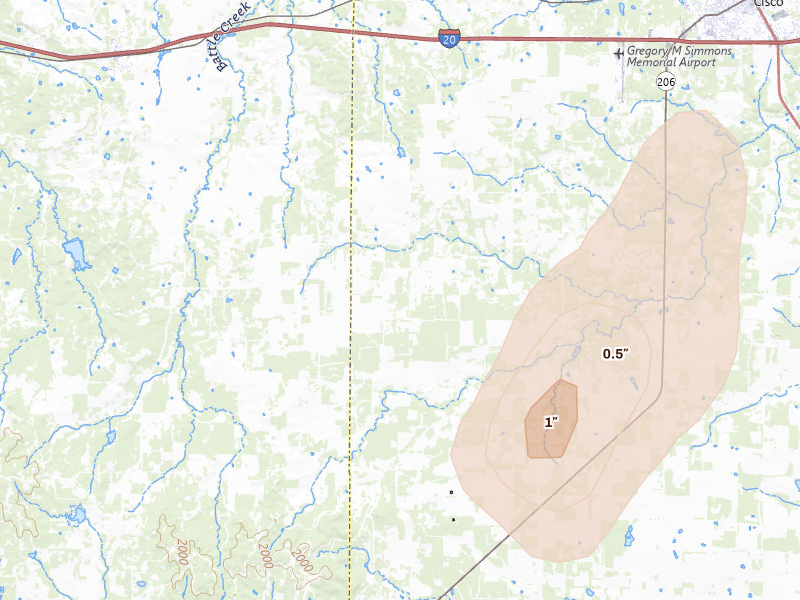 Radar-estimated hail-size map of the storm over Cisco, TX on May 22, 2026