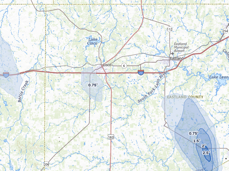 NEXRAD radar-signature map of the hail storm over Cisco, TX on May 28, 2026
