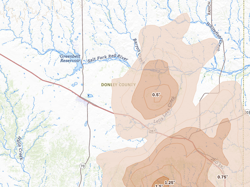 Radar-estimated hail-size map of the storm over Clarendon, TX on Mar 30, 2026