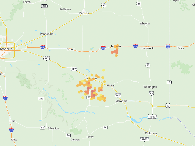 Hail map of Clarendon, TX on Jun 30, 2026, hail up to 2.5"