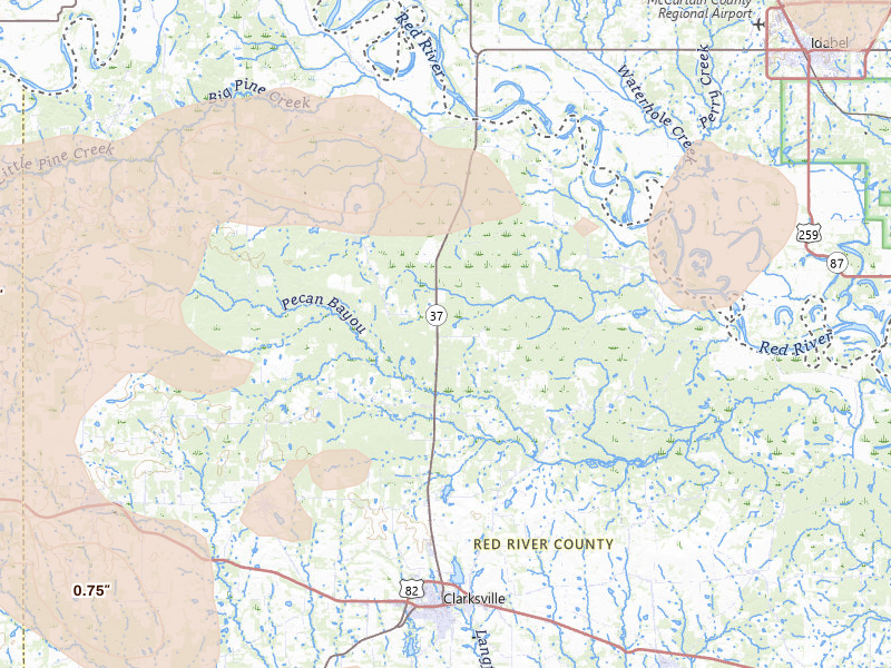 Radar-estimated hail-size map of the storm over Clarksville, TX on Jun 23, 2026