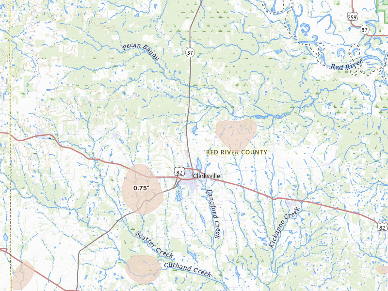 Radar-estimated hail-size map of the storm over Clarksville, TX on Aug 7, 2026