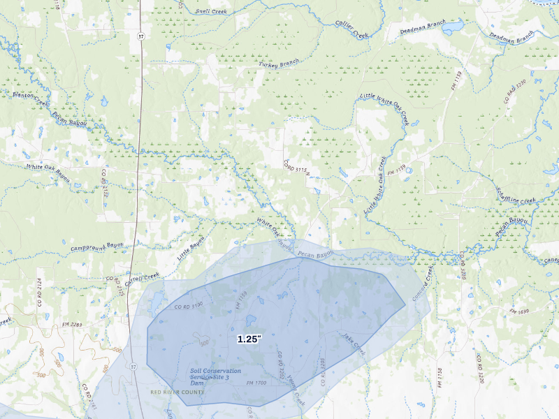 NEXRAD radar-signature map of the hail storm over Clarksville, TX on Aug 7, 2026