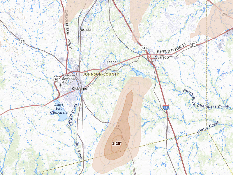 Radar-estimated hail-size map of the storm over Cleburne, TX on Mar 4, 2026