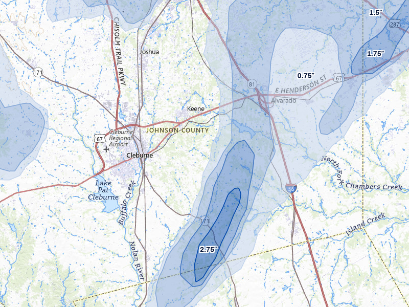 NEXRAD radar-signature map of the hail storm over Cleburne, TX on Mar 4, 2026