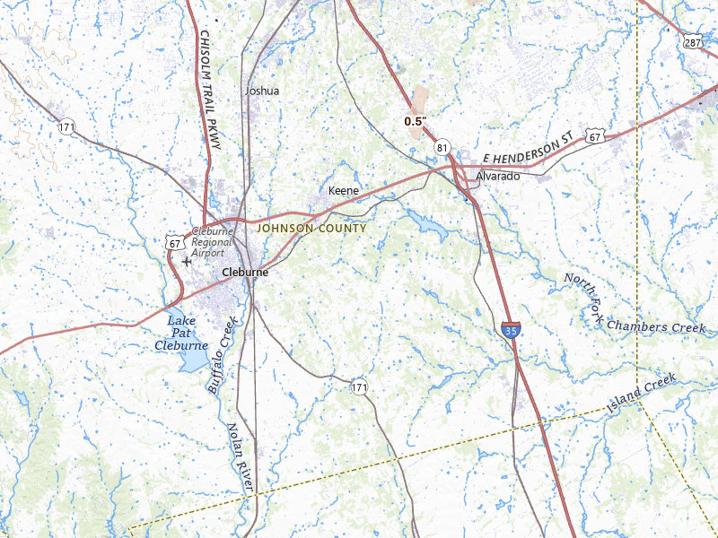 Radar-estimated hail-size map of the storm over Cleburne, TX on Mar 10, 2026