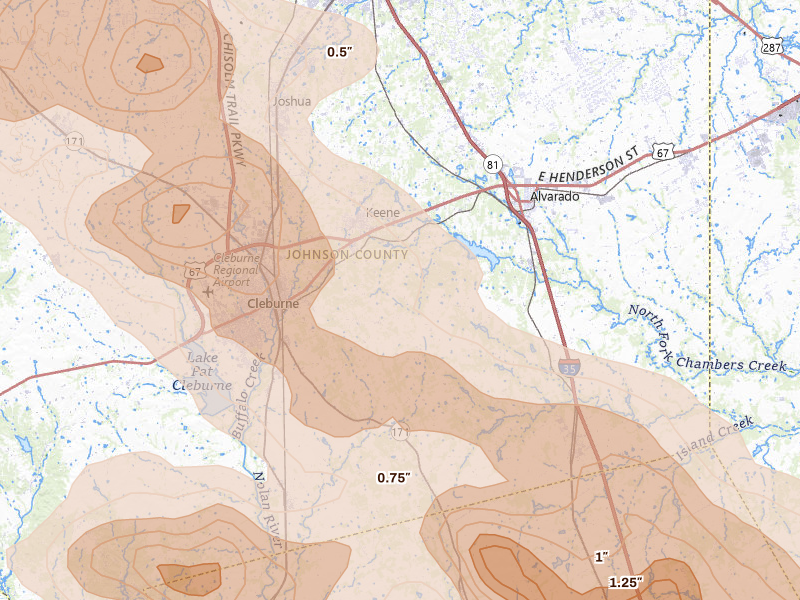 Radar-estimated hail-size map of the storm over Cleburne, TX on Apr 28, 2026