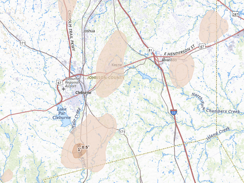 Radar-estimated hail-size map of the storm over Cleburne, TX on May 19, 2026