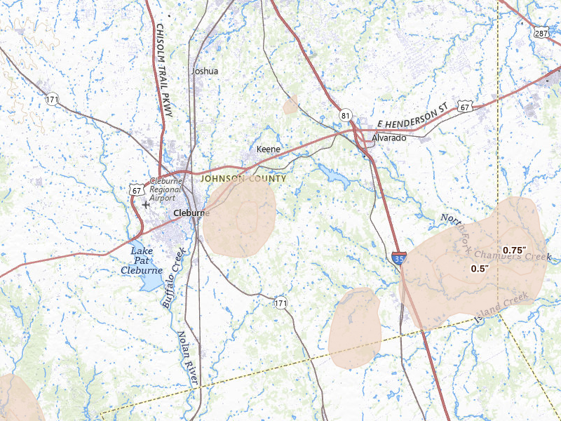 Radar-estimated hail-size map of the storm over Cleburne, TX on May 22, 2026