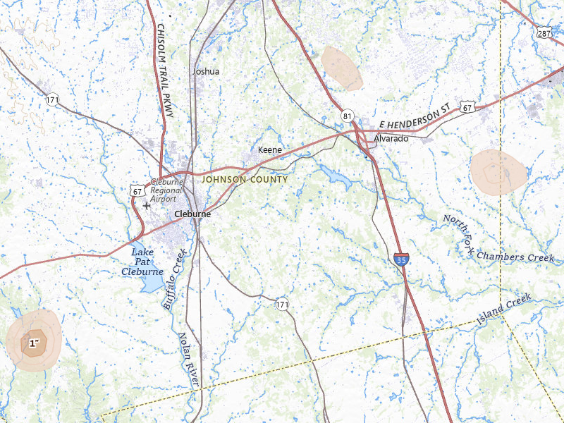 Radar-estimated hail-size map of the storm over Cleburne, TX on May 25, 2026