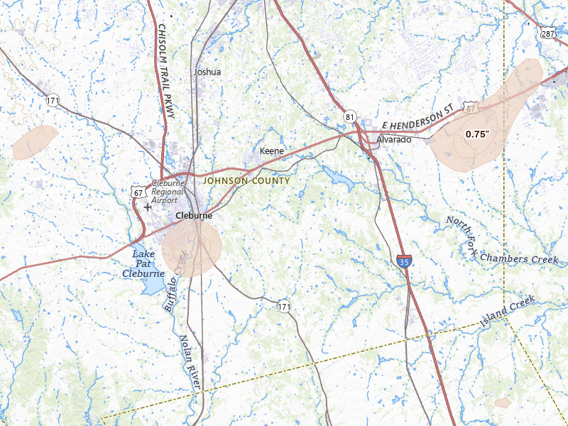 Radar-estimated hail-size map of the storm over Cleburne, TX on Jun 2, 2026