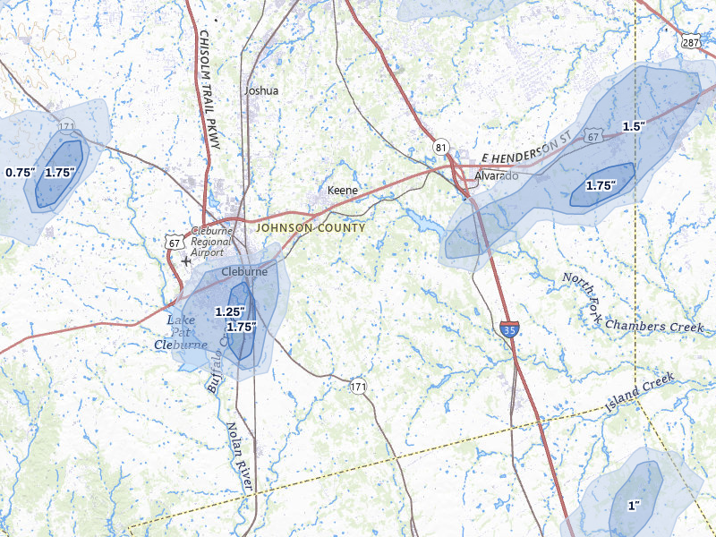 NEXRAD radar-signature map of the hail over Cleburne, TX