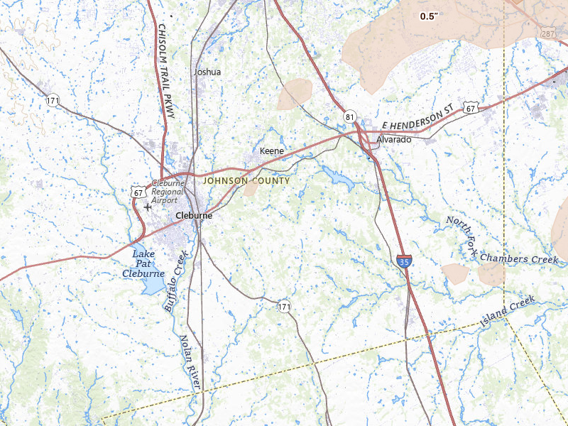 Radar-estimated hail-size map of the storm over Cleburne, TX on Jun 6, 2026