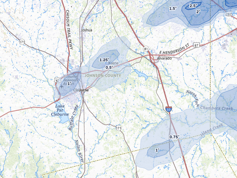 NEXRAD radar-signature map of the hail storm over Cleburne, TX on Jun 6, 2026