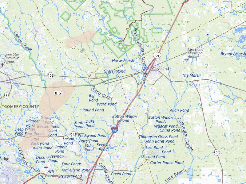 Radar-estimated hail-size map of the storm over Cleveland, TX on Mar 7, 2026