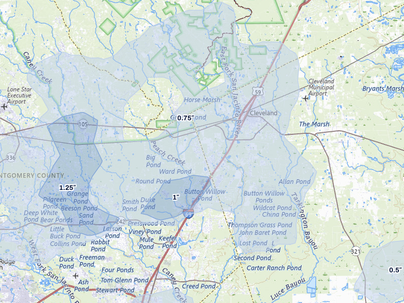 NEXRAD radar-signature map of the hail storm over Cleveland, TX on Mar 7, 2026