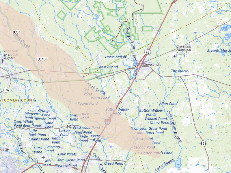 Radar-estimated hail-size map of the storm over Cleveland, TX on Mar 15, 2026