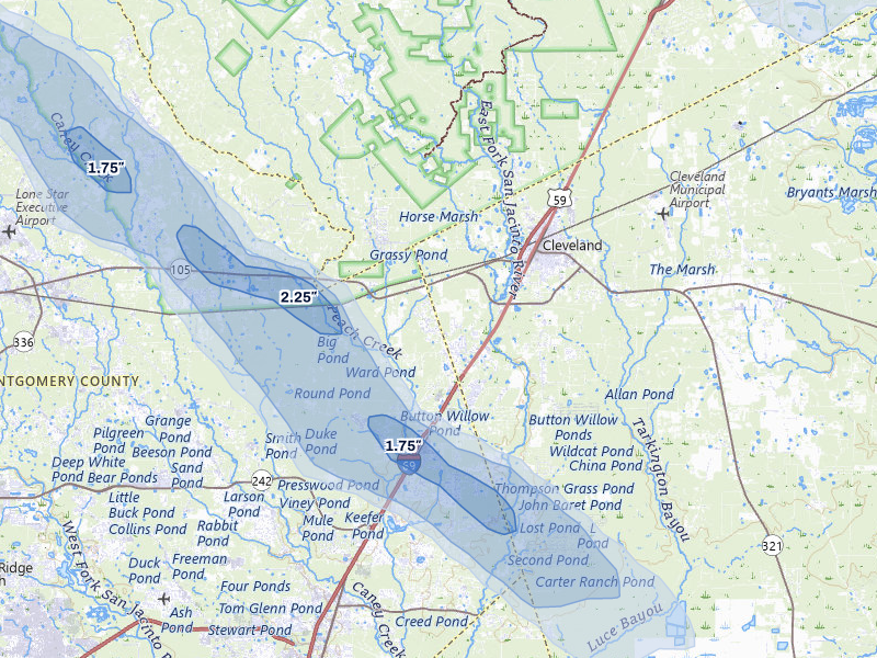 NEXRAD radar-signature map of the hail over Cleveland, TX